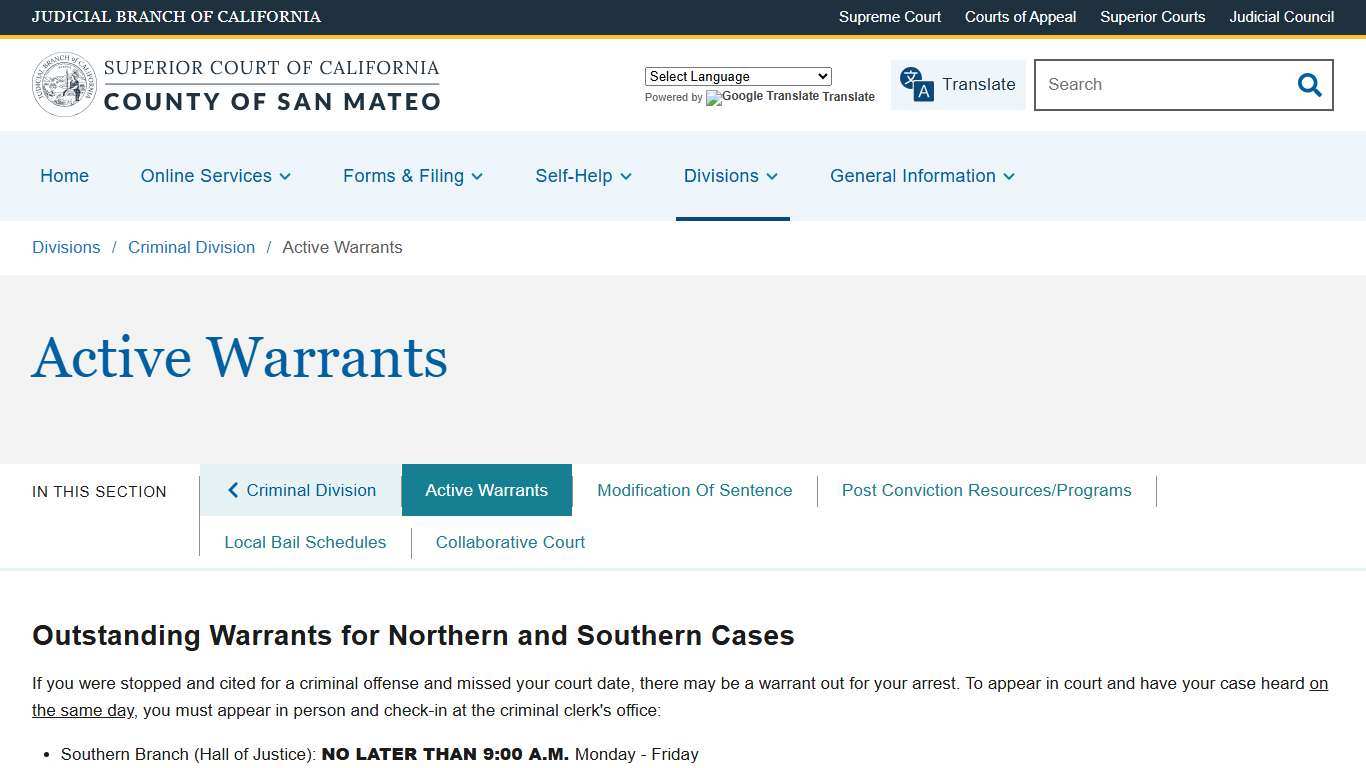 Active Warrants Superior Court of California County of San Mateo