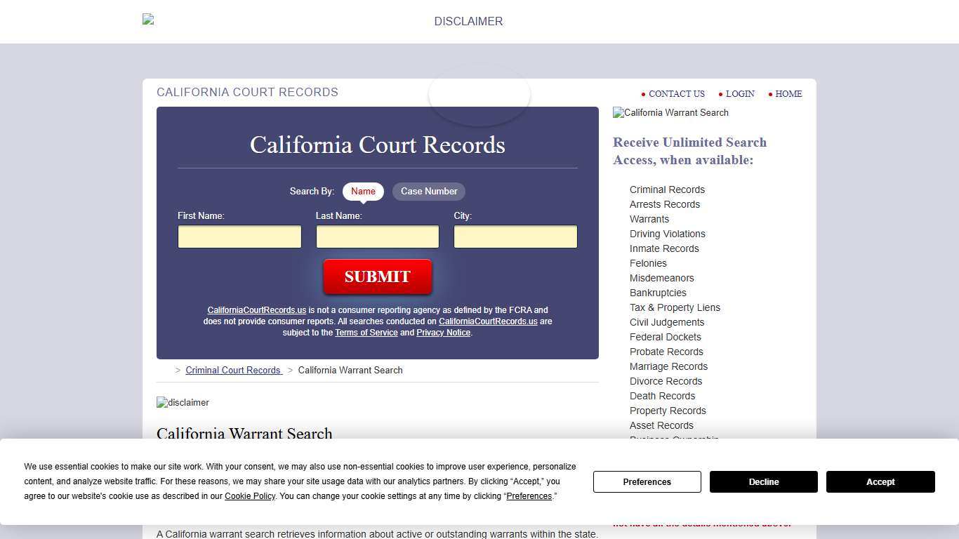 California Warrant Search CaliforniaCourtRecords.us